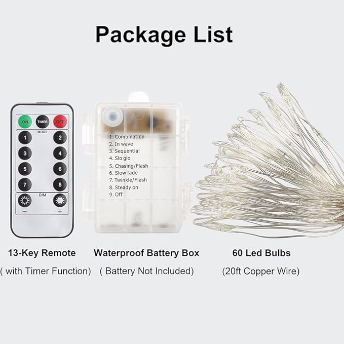 GDEALER 2 Pack Fairy Lights 20 Ft 60 Led Battery Operated Christmas Lights with Remote Waterproof Silver Wire Twinkle Lights 8 Modes Fairy String Lights for Party Bedroom Decorations- Warm White