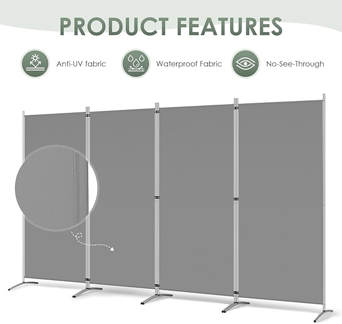RANTILA 4 Panel Room Divider, 6 Ft Tall Folding Privacy Screen Room Dividers, Freestanding Room Partition Wall Dividers, 136''W x 20''D x 71''H, Grey