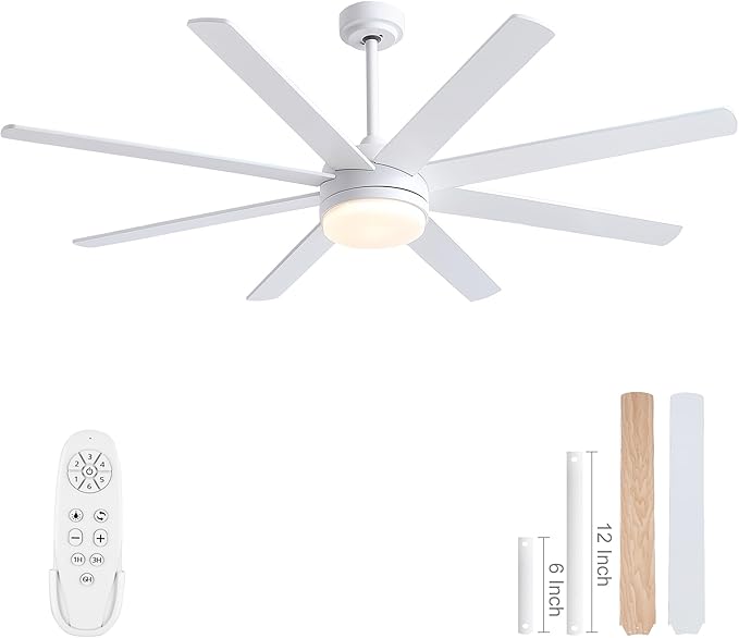 YUHAO 62 Inch White Ceiling Fan with Light and Remote Control.Noiseless,Dimmable,3CCT,6 Speeds Reversible, DC Ceiling Fans for Indoor or Covered Outdoor