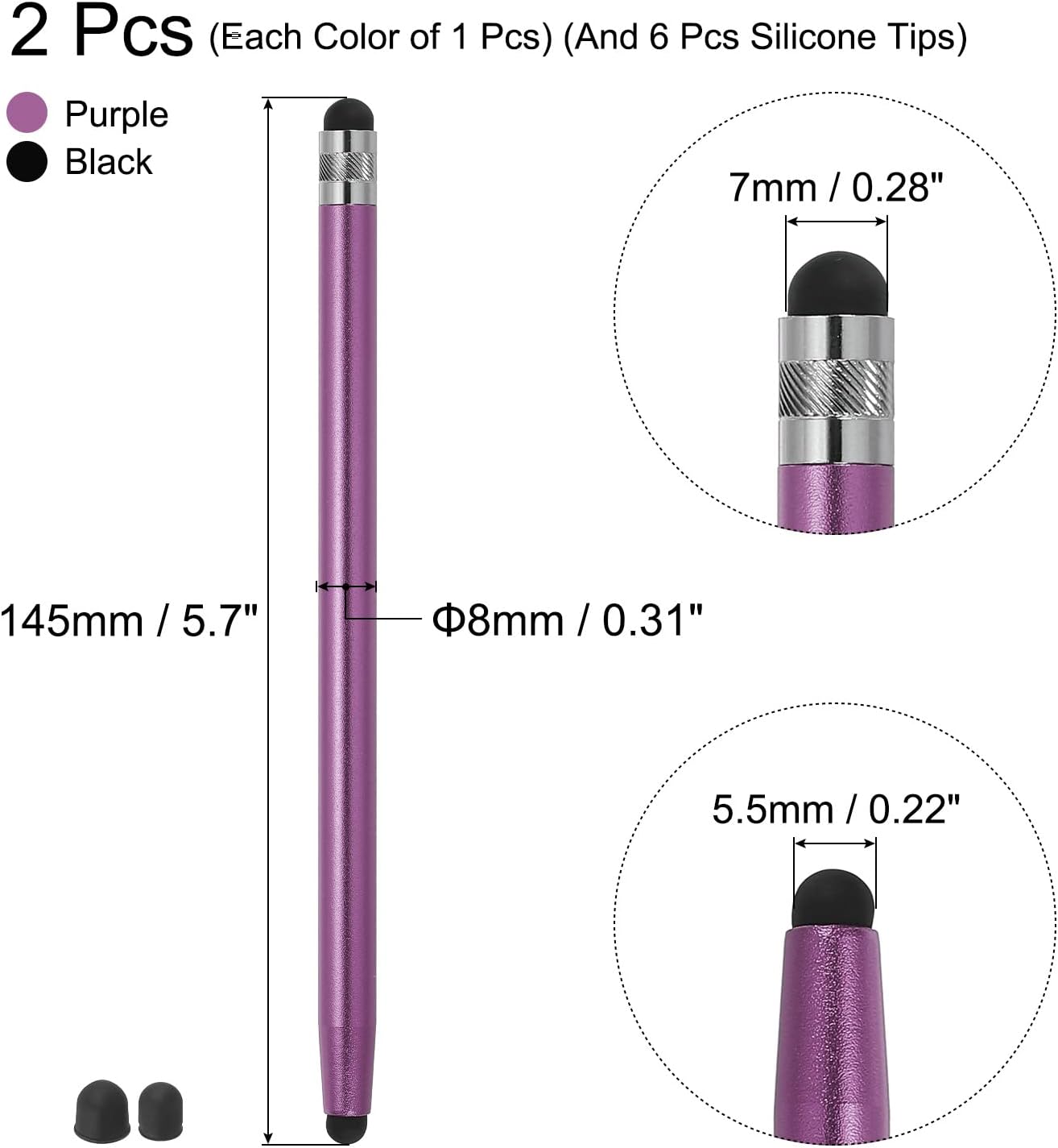 MECCANIXITY 2pcs Stylus Pens for Touch Screens with 6 Extra Tips, Dual Rubber Tips Capacitive Stylus Universal Tablet