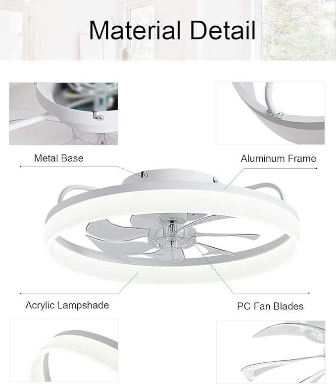 Ceiling Fans with Lights and Remote, 20" Modern Low Profile Ceiling Fan with Light, Stepless Color Temperature Change and 6 Speeds, Flush Mount Ceiling Fans for Bedroom, Kids Room.（White）