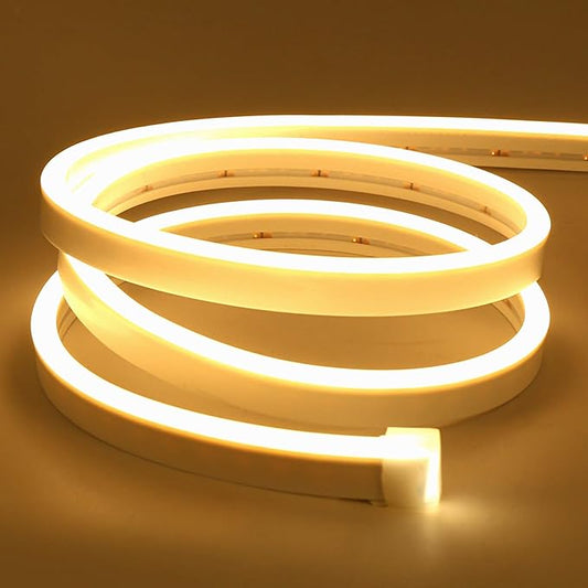 Lamomo LED Neon Rope Lights, 16.4ft/5m Warm White Light Strip 0.39in/Cut, 12V Flexible Waterproof Silicone Neon Sign for Kitchen Bedroom Indoor Outdoor Decoration（Power Adapter not Included）