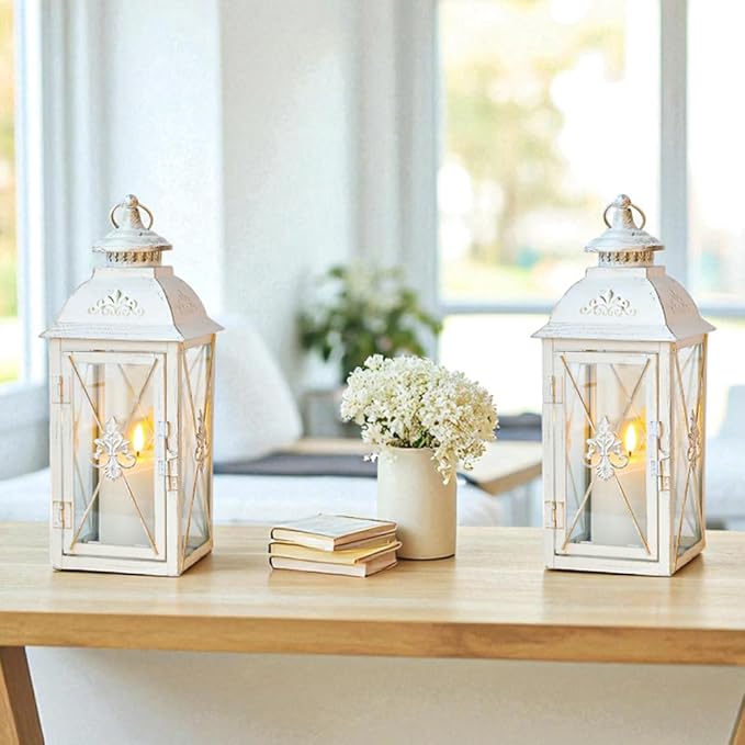 TRIROCKS Set of 2 Vintage Hanging Lantern - 13.5'' Decorative Metal & Tempered Glass Candle Holder - Ideal for Indoor/Outdoor Events, Patio, Garden, Parties White & Gold Brush Finish