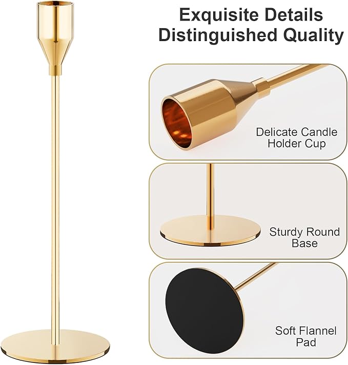French Gold Taper Candle Holders Set of 12 Candlestick Holders Bulk，Metal Candle Stick Holder Decor for Wedding, Dinning, Party or Anniversary, Fits 3/4 Inch Thick Candle