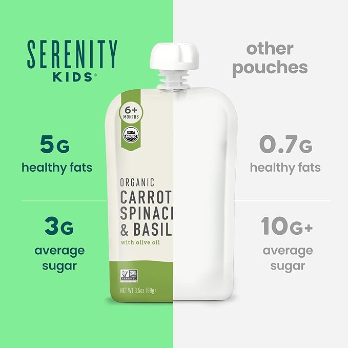 Serenity Kids 6+ Month Organic Veggie Puree Baby Snacks Pouches - Carrot, Spinach & Basil - No Sugar Added, BPA Free & Allergen Free Baby Puree Pouches - 3.5 Oz, 6 Pack