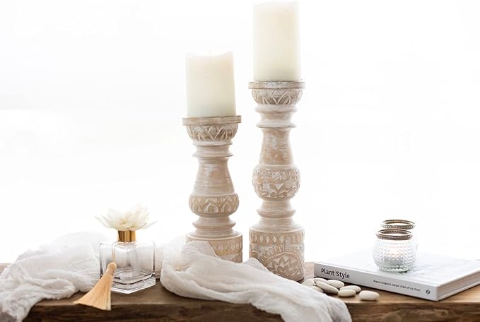 Kurrajong Farmhouse Candle Holders - Boho Set of 2 Tall Candle Stands | Decorative Wood 10" and 12" high | White Washed Candle Holders for Pillar Candles