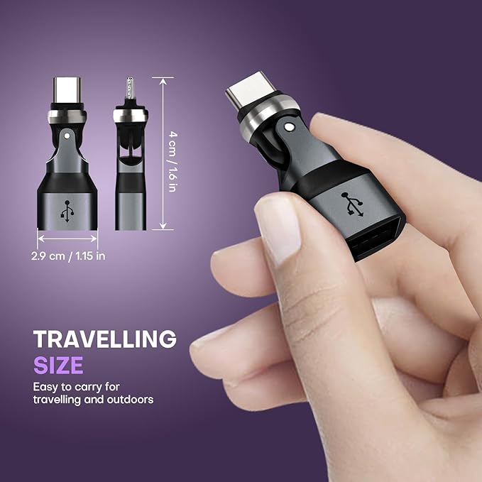 USB Adapter Type C to A 2 Pack 180° & 360° Rotation USB2.0 480Mbps Phone OTG Port Fast Charge Extender with LED Indicator (Black)