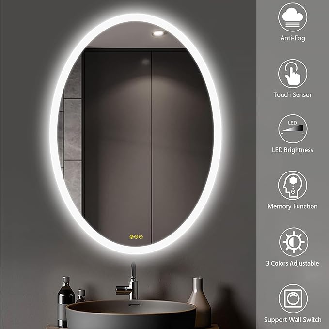 Wall-Mounted LED Oval Bathroom Mirror, Makeup Mirror (32 inches x 24 inches,) 3 Color Stepless Dimmable Memory Bathroom Vanity Mirror with Lights CRI90+ 3000-6400K Smart Mirror with Touch