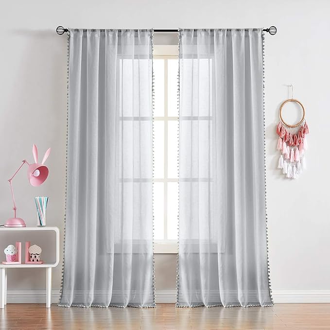 Treatmentex Pompom Sheer Curtains for Bedroom Windows 72" Light Grey Linen Texture Curtain Panels for Living Room Office 2panels