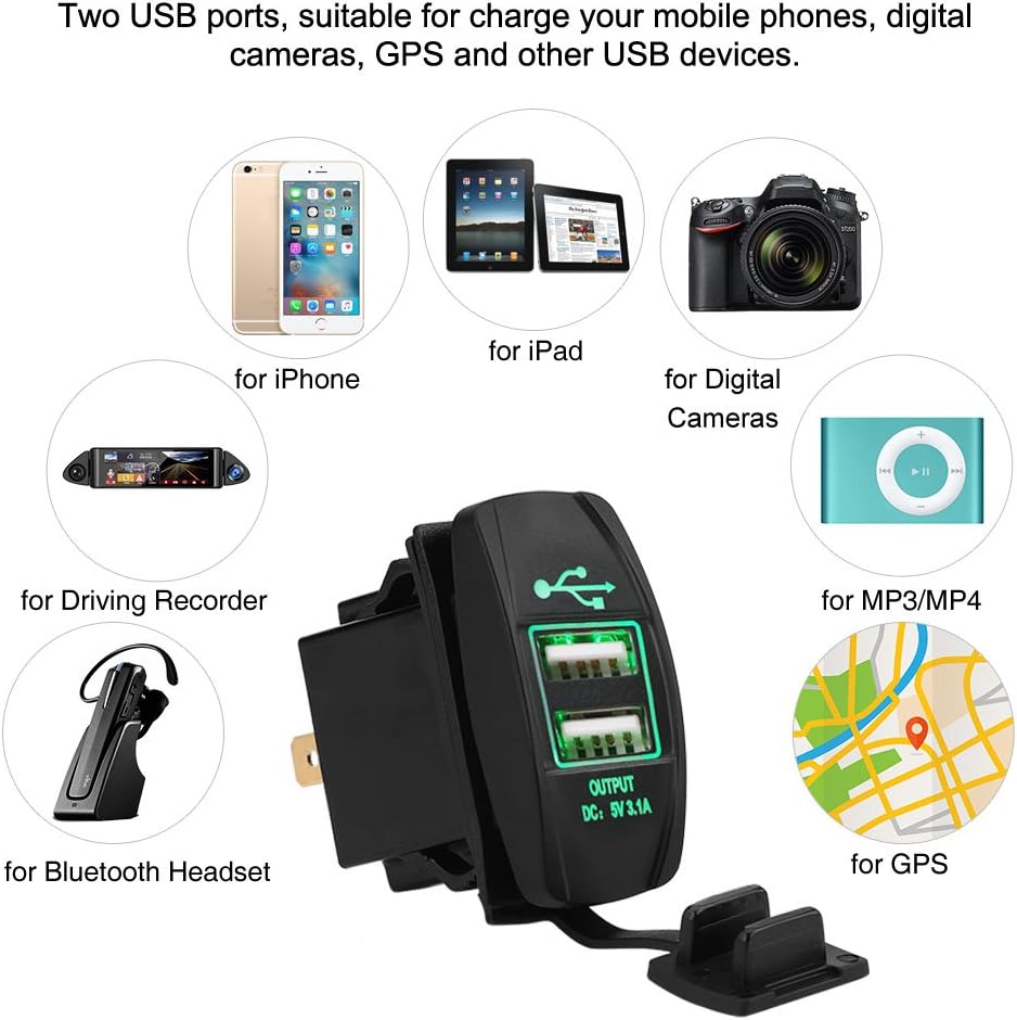 Dual USB Waterproof 12-24V 3.1A Car Socket Power Adapter with LED Green Light