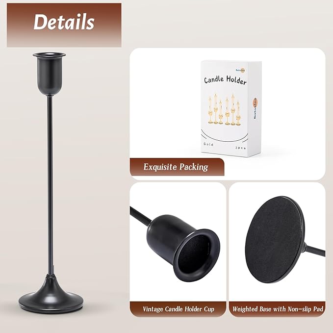Candle Holder 3 PCS Candlestick Holders, Black Taper Candle Stick Holder, Modern Decorative Centerpiece, Halloween Decor, Gift for Home Fireplace Housewarming Candelabra Décor
