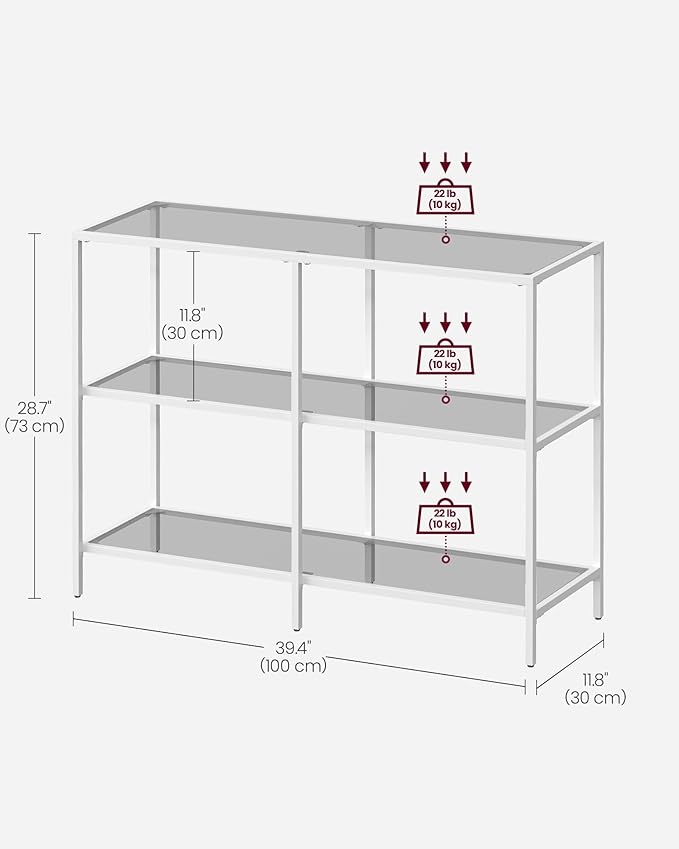 VASAGLE 39.4 Inch Console Table with 3 Shelves, Sofa Tables, Modern Entryway Table, Metal Frame, Tempered Glass Shelf, Entryway Living Room Bedroom, Pearl White and Slate Gray ULGT027W01