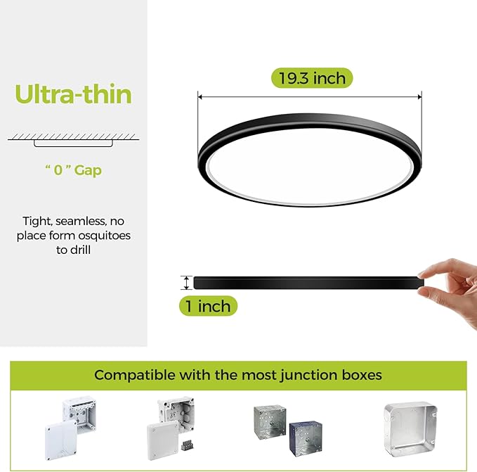 1PACK Flush Mount LED Ceiling Light Fixture Black, 20Inch 45Watt, Dimmable & 3000K-4500K-6000K 3 Color Selectable Ceiling Lamp 4500LM Low Profile Ceiling Light for Kitchen Bedroom Hallway Porch