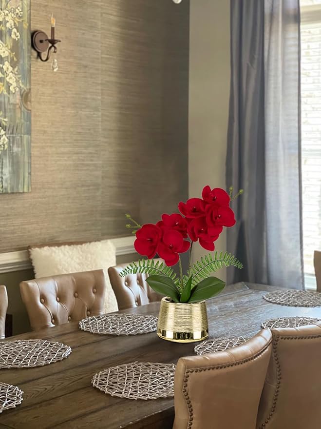 White Orchids Artificial Flowers in Gold Pot Faux Phaleanopsis Orchid Bonsia Fake Orchid Centerpiece for Dining Room Table