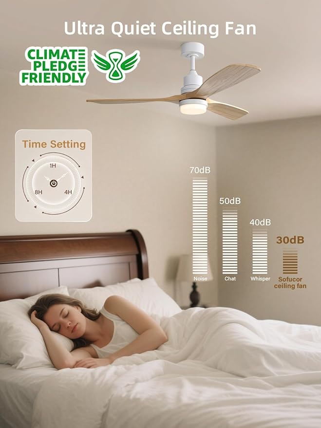 Sofucor 52 Inch Smart Ceiling Fans with Lights and Alexa/Google Assistant/APP/Remote Control-Modern Solid Wood Outdoor 3 Blades Ceiling Fan for Bedroom Living Room Indoor Farmhouse Patio, Natural Wood