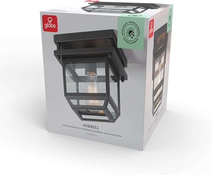 GLOBE Electric 44779 Sorrell 1-Light Outdoor Flush Mount Ceiling Light, Dark Bronze, Clear Glass Shade,Brown, Bulbs Not Included