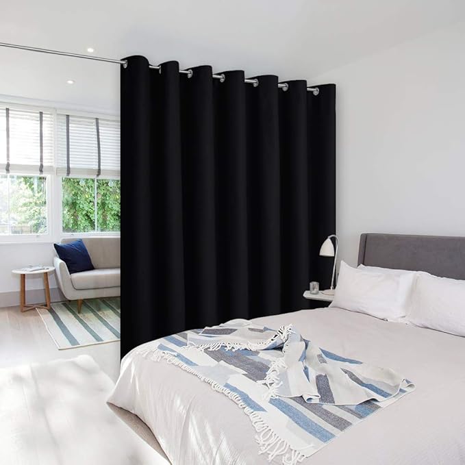 NICETOWN Room Separating Divider, Room Divider Curtains Screen Partition, Function Thermal Blackout Patio Door Curtain Panel, Sliding Door Insulated Curtain, Black, 8.3ft Wide x 8ft Long