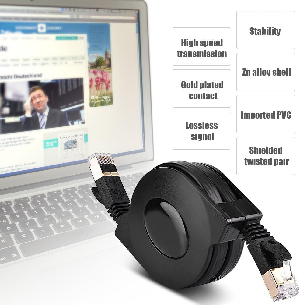 Zerone CAT 7 Ethernet Cable, 1.5M Retractable Shielded LAN Network Cable Flat RJ45 600MHz
