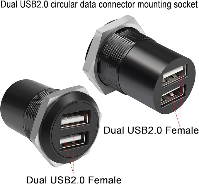 QIANRENON Dual USB2.0 Threaded Fixed Round Connector 2 USB2.0 Female to 2 Female Panel Mount Adapter Dual USB2.0 Flush Mount Socket, for Data Transfer/Charge External USB Auxiliary Device