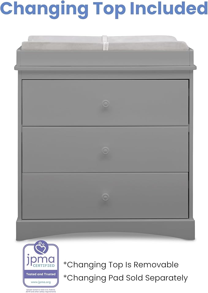 Delta Children Sutton 3 Drawer Dresser with Changing Top and Interlocking Drawers - Greenguard Gold Certified, Grey