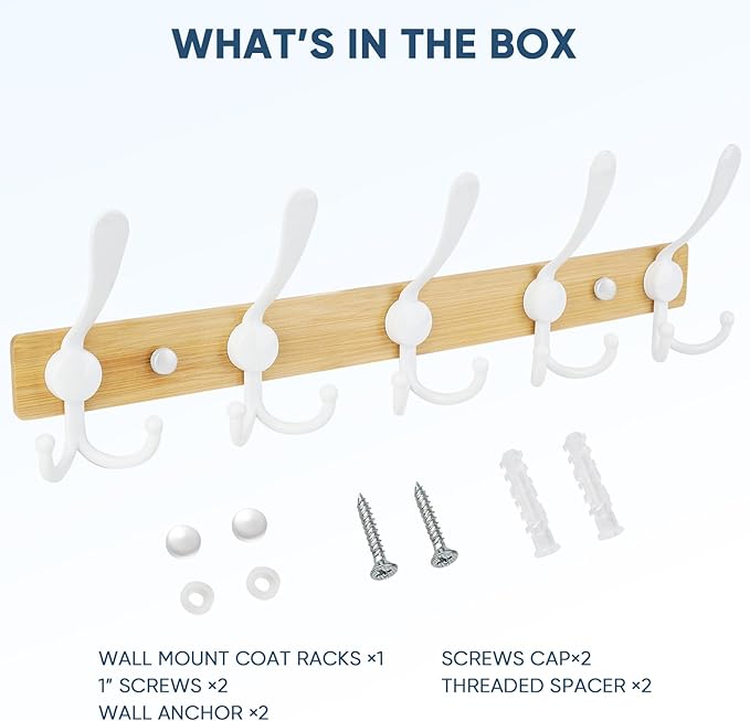 TICONN Wall Mounted Coat Rack, Five Heavy Duty Tri Hooks All Metal Construction for Jacket Coat Hat in Mudroom Entryway (Wood White, 1-Pack)