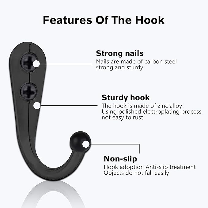 Coat Hooks-52 Pack Farmhouse Hooks with 104Pcs Screws, Black Decorative Rustic Coat Hooks Rack, Wall Mounted Single Prong Robe Hook, Vintage Organizer Hanging Wire Hook Clothes Hanger