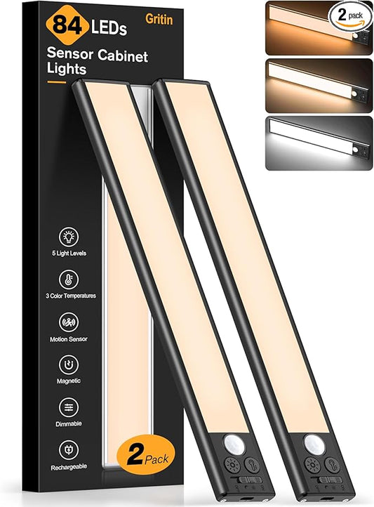 Gritin 10.2inch Under Cabinet Lighting Rechargeable -84 LED Super Bright,3-Color& 5 Level Brightness,4 Modes,Motion Sensor, Long Lasting- Easy Installation Magnetic Closet Lights -2 Pack-Black