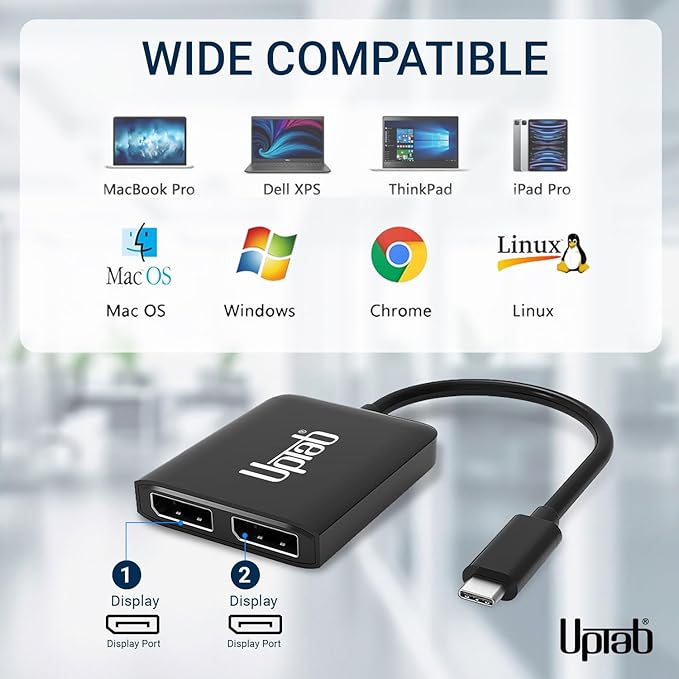 uptab USB C to Dual DisplayPort Adapter Hub, Extended Dual 4K 60Hz Display Port Multi Monitors Converter for Dell XPS 13 15, Lenovo Yoga, Sumsung HP, Chromebook, etc