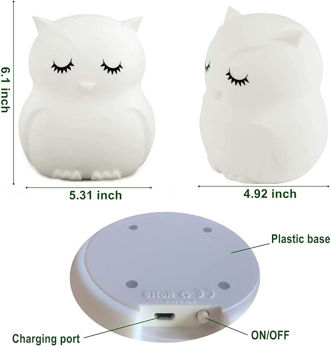 Animal-Shaped Big Night Light for Children/Adults, Rechargeable LED Soft Silicone (BPA Free) Bedside Lamp, Adjustable Brightness and 9 Colors by Touch Control & Remote Control (Big Owl)