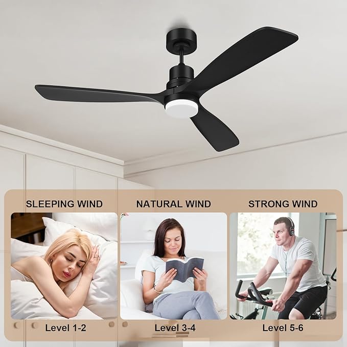 Obabala 52inch Ceiling Fan with Light and Remote Control Outdoor Ceiling Fan with 3 Blades Wood Reversible DC Motor for Patio, Porch, Bedroom, Living Room (Black)