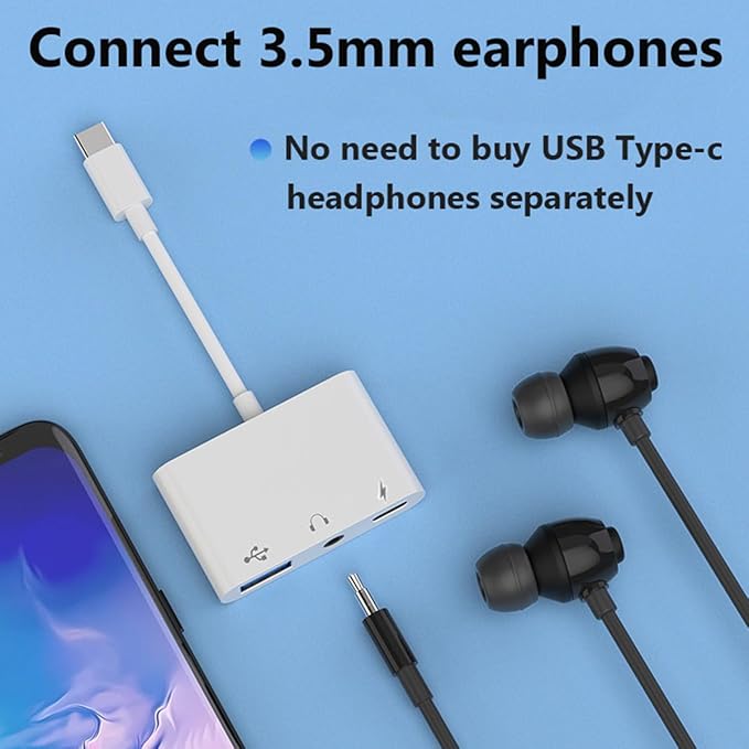 USB C to USB Adapter for MacBook, 3-in-1 USB C to USB-A OTG Splitter with 3.5mm Audio Jack and PD Fast Charging Port Compatible with iPhone 15, iPad Pro, Samsung Galaxy S23