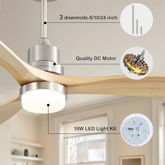 Sofucor 52 Inch Ceiling Fans With Lights, Solid Wood Indoor/Outdoor Ceiling Fan with Lights Remote Control, Reversible DC Motor, 3 Blade Modern Ceiling Fan Light for Bedroom Patio Farmhouse