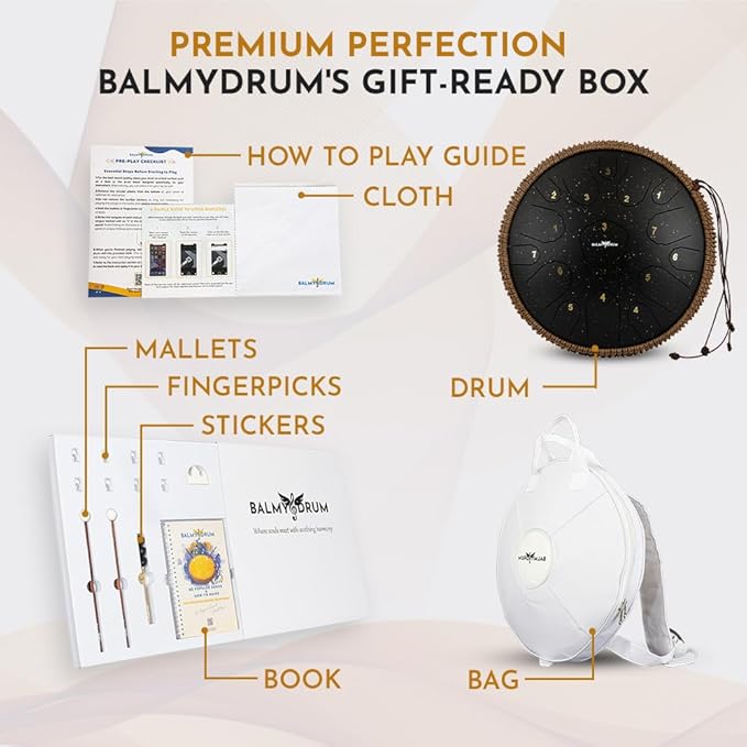 The Balmy Drum - 15 Note 14 Inch Steel Tongue Drum, Steel Drum Instrument, Drums For Children and Adults, Balmy Drum Set for Kids with Music Book, Handpan, Mallet and Carry Bag (Black)