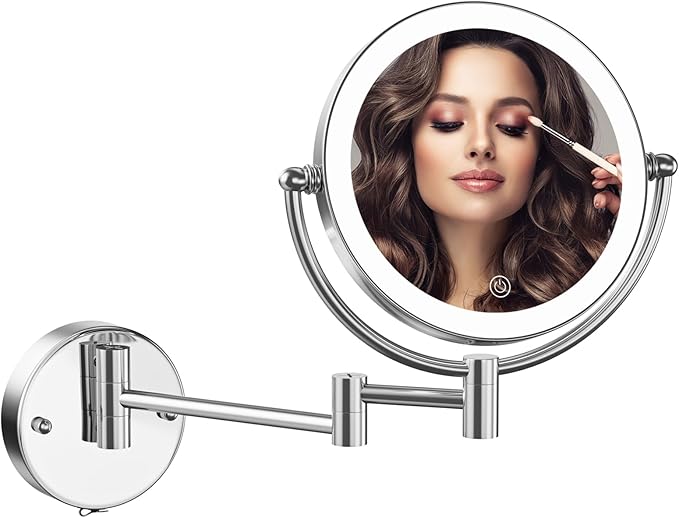 Wall Mounted Makeup Mirror with Lights and 10X Magnification, 8 Inches Rechargeable Double Sided Magnifying, Touch Dimmable Extended Arm 360 Rotation, Foldable Vanity Mirror for Bathroom