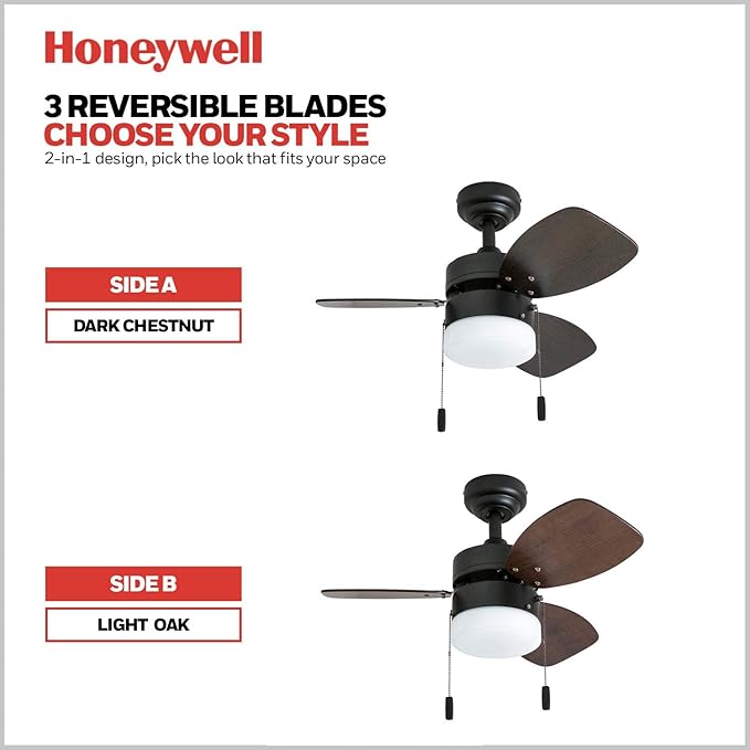 Honeywell Ceiling Fans Ocean Breeze Modern 30 Inch Ceiling Fan with Light, Pull Chain LED Indoor Fan with 3 Blades, Dark Brown Chestnut and Light Oak Blade Finish Options, Bronze (50602-01)