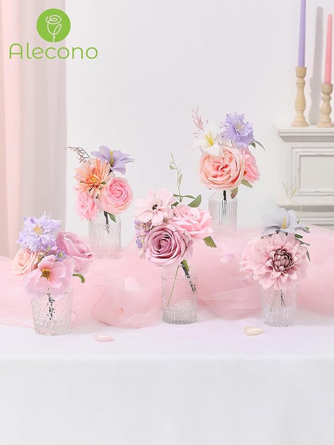 Alecono Artificial Flowers, Pink Purple Fake Flowers with Stems for DIY Wedding Bridal Bouquets, Cake Floral Arrangement Home Decor Indoor Outdoor