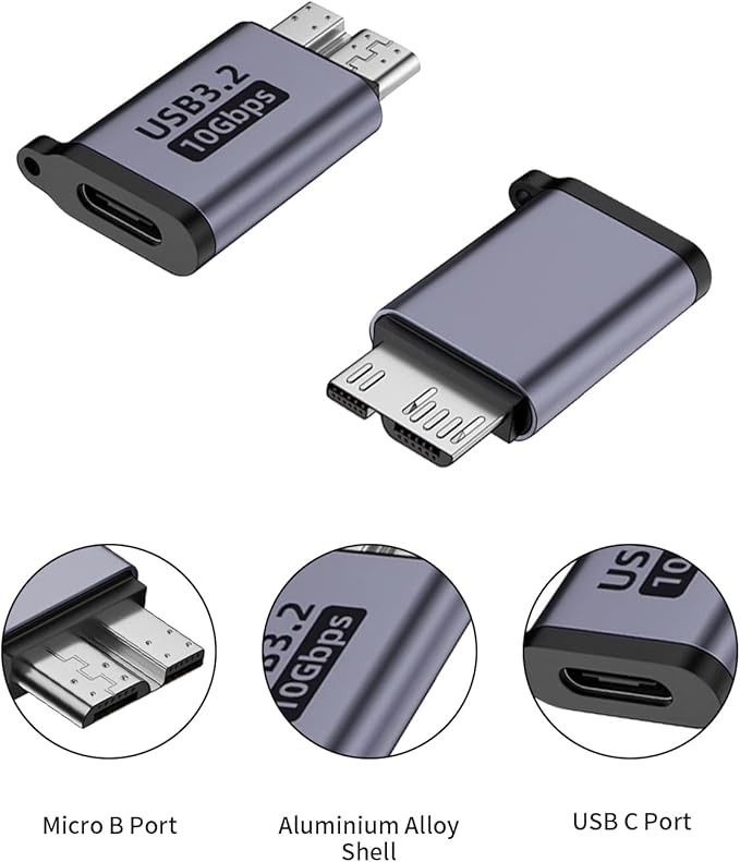 Danfetsoy Micro B to USB C Adapter 10Gbps, USB Type c Female to Micro B Male Converter Adapter for External Hard Drives, S5, Phone, Laptop (2 Pack)
