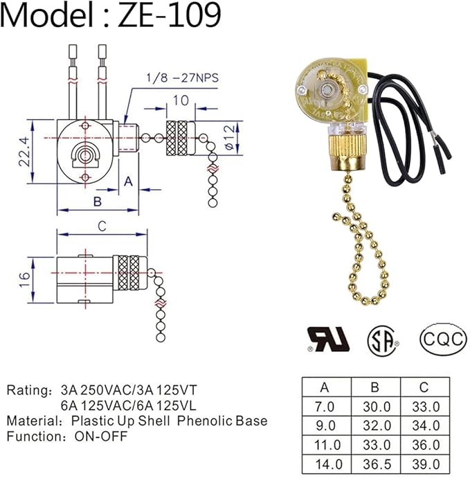 Ceiling Fan Switch Zing Ear ZE-109 Two-Wire Light With Pull Cords for Fans, Lamps and Wall Lights - Pull Chain Control Replacement On-Off, 2 Pack (Brass)