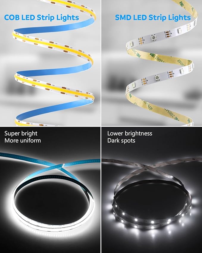 Aclorol 12 Volt Led Strip Lights COB 16.4ft Led Strip Lights for Bedroom 6000K Daylight White CRI85+ Flexible LED Tape Light for Kitchen Party Cabinet 320Leds/m(Power Supply&LED Dimmer Not Included)
