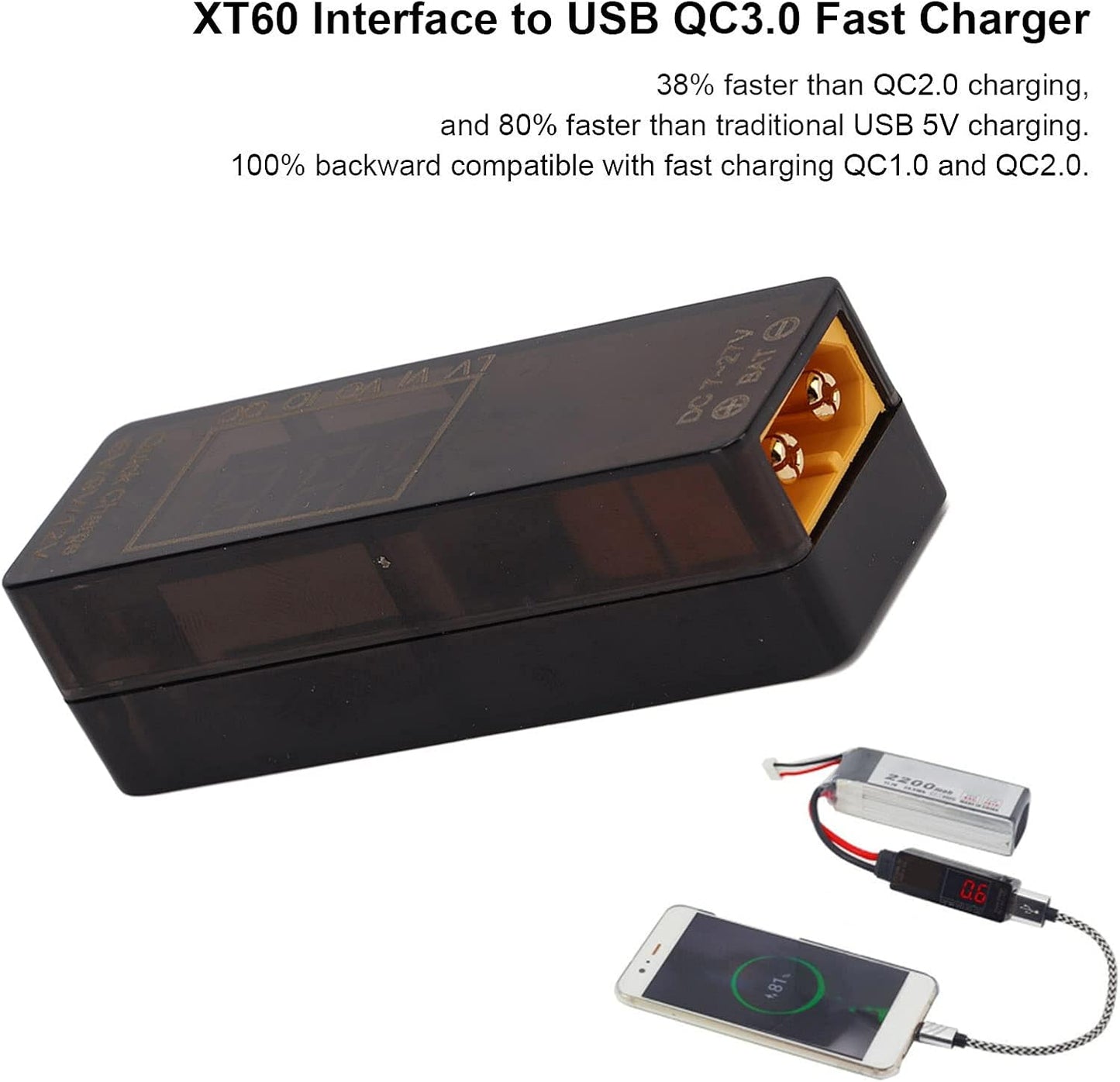 QC3.0 USB Overload Short Circuit Adapter, XT60 to USB QC3.0 Model Car Accessories for Efficient Charging