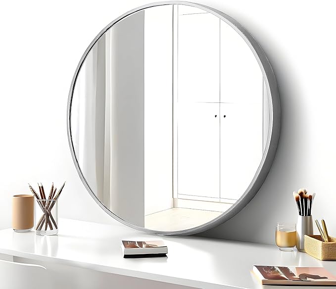 20" Round Mirror Circle Wall Mounted Hanging or Against Wall Metal Frame Dressing Make-up Mirrors for Entryway Bedroom Bathroom Living Room 20 inch Silver