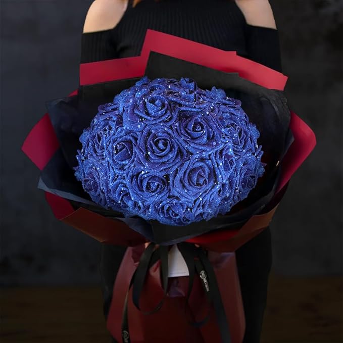 MACTING 30PCS Artificial Glitter Flowers Fake Flowers with Stem Real Touch Foam Roses for Wedding Bouquet Table Centerpieces Party Wreath Home Spring Mothers Day Decorations(Royal Blue)