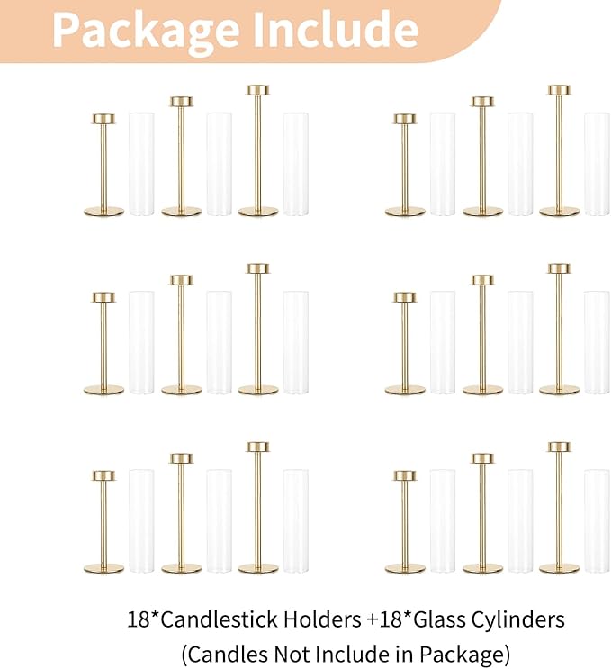 NUPTIO Candle Holders for Table Centerpiece: 18 Pcs 23.6 & 21.7 & 19.7 in Tall Gold Hurricane Candlesticks Holder with Glass Cylinder Cover Bulk Taper Candles Sticks Stand for Thanksgiving Party Decor