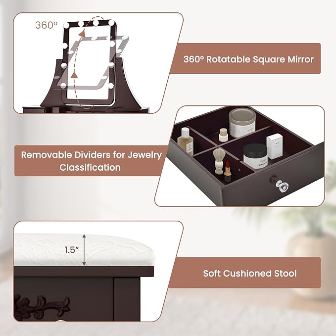 CHARMAID Vanity Desk with Mirror and Lights, Makeup Vanity Table with 5 Storage Drawers, 3 Color Lighting Modes, Adjustable Brightness, Modern Bedroom Dressing Table with Vanity Stool, Espresso
