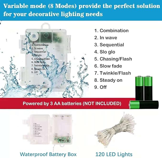 String Lights, 42ft Battery Operated String Lights, 120 Led IP65 Waterproof Outdoor Fairy Light with Timer 8 Modes for Bedroom,Garden,Party,Xmas Tree Indoor Outdoor Decorations, Cool White