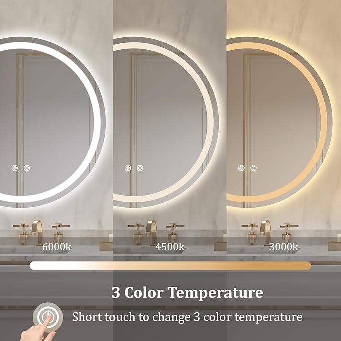 WallBeyond LED Bathroom Mirror with Lights, 28'' Round Light Up Bathroom Mirror for Wall with Front and Backlit, Anti Fog Led Mirror for Bathroom, 3 Colors and Dimmable Light