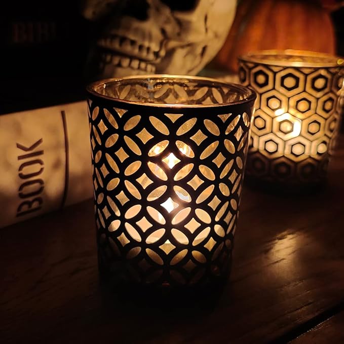 SHMILMH Halloween Votive Candle Holders Set of 12 Black Gold Glass Tealight Candle Holders with 4 Patterns Table Centerpiece for Halloween Party Table Decorations