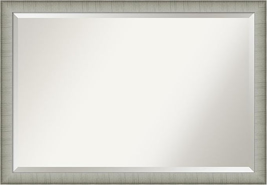 Amanti Art Silver Bathroom Mirror for Over Sink, 27x39 Elegant Brushed Pewter Narrow Rectangle Vanity Mirror, Large Casual Frame, Hangs Horizonally and Vertically, Bathroom Wall Decor, Beveled Edge