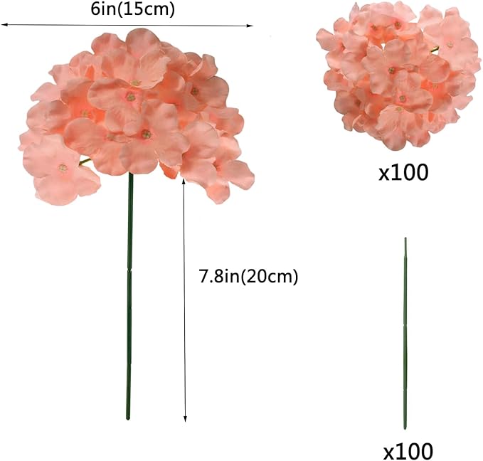 100PCS Artificial Hydrangea Flowers, Fake Flowers Silk Hydrangea Full Flowers Heads with Stems for Wedding Home Party Shop Baby Shower Decor (Xiangfei Pink)