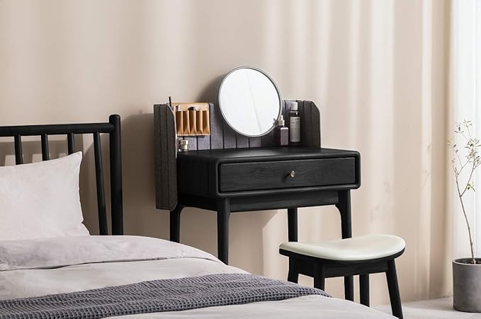 URFORESTIC Vanity Stool, Modern Makeup Dressing Stool with Concave Seat Surface,Capacity 300lb, Easy Assembly (Black)